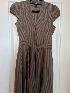 H&M Brown & Taupe Striped Midi Dress with Tie Waist